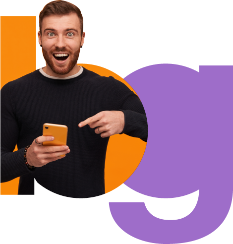 a happy man pointing to his mobile phone