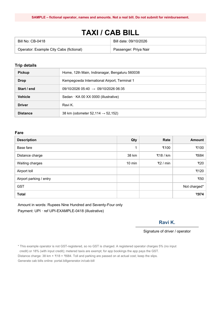 SAMPLE cab bill showing fictional operator, passenger, vehicle, trip details and fare breakdown